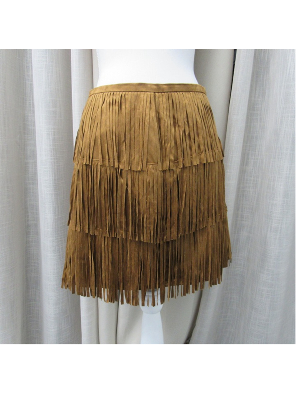 Faux Suede Fringe Mini Skirt 8 Brown Tiered Western Boho Cowgirl Rodeo